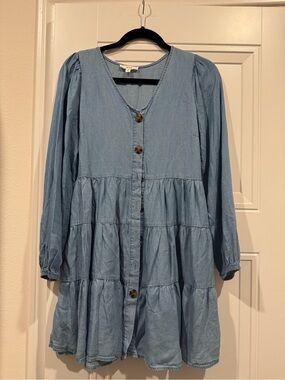 Light Blue Tiered Button-Front Tunic Dress